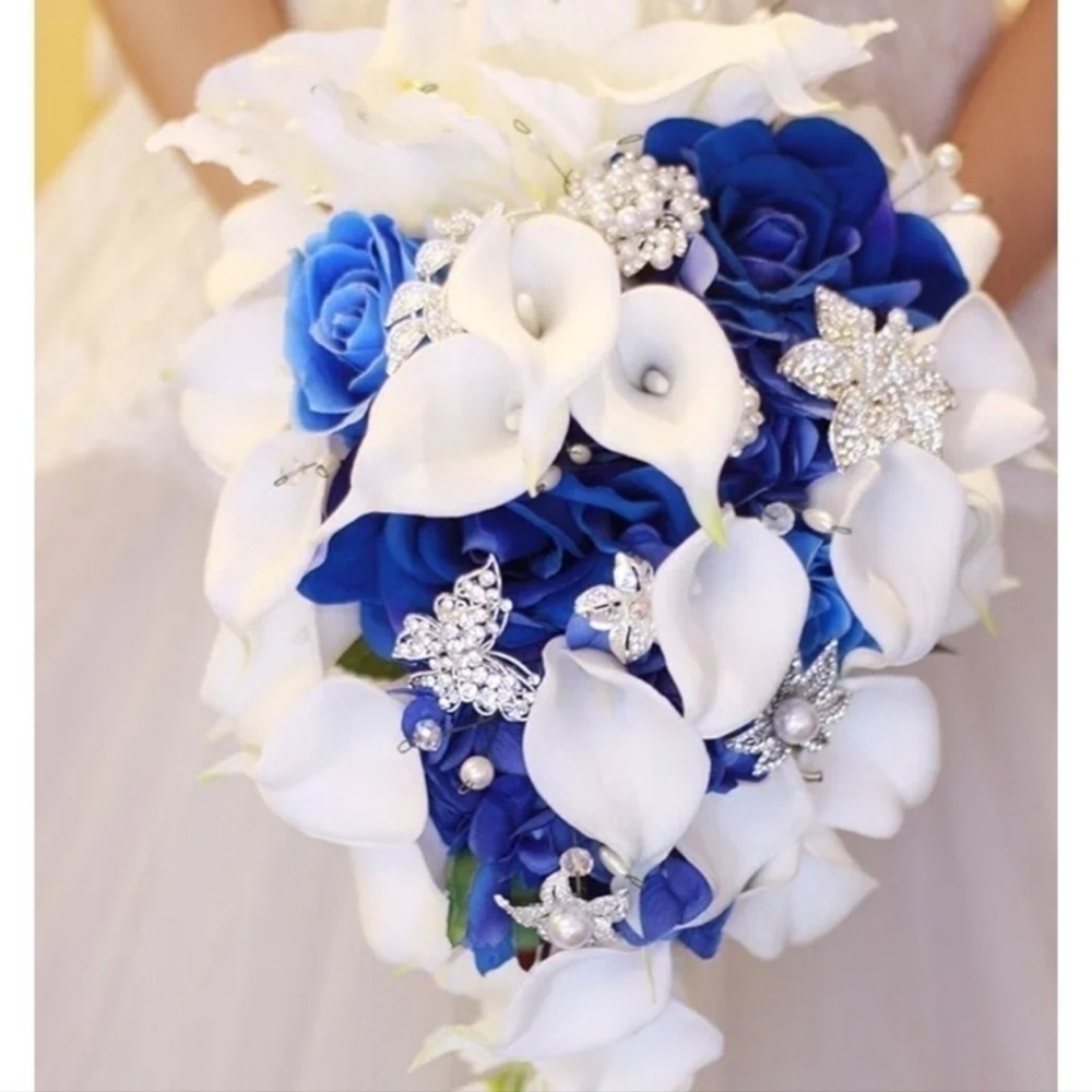 Bridal wedding flowers. Bridal wedding bouquet. Navy white bling cascading water